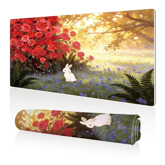 LIVEKEY Mouse Pad 80x40cm Extra Large Non Slip Stitched Edges Full Coverage Durable Easy Clean White Rabbit with Red Roses Blue Flowers and Golden Sunlight Art for Gaming Office