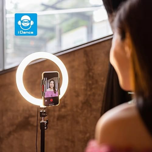 iDance LED Ring Light with Cell Phone Holder, 14", USB Powered with Bluetooth Remote Control and Foldable Adjustable Tripod Stand, Selfie, Makeup Ring Light with Universal iPad Mini Holder