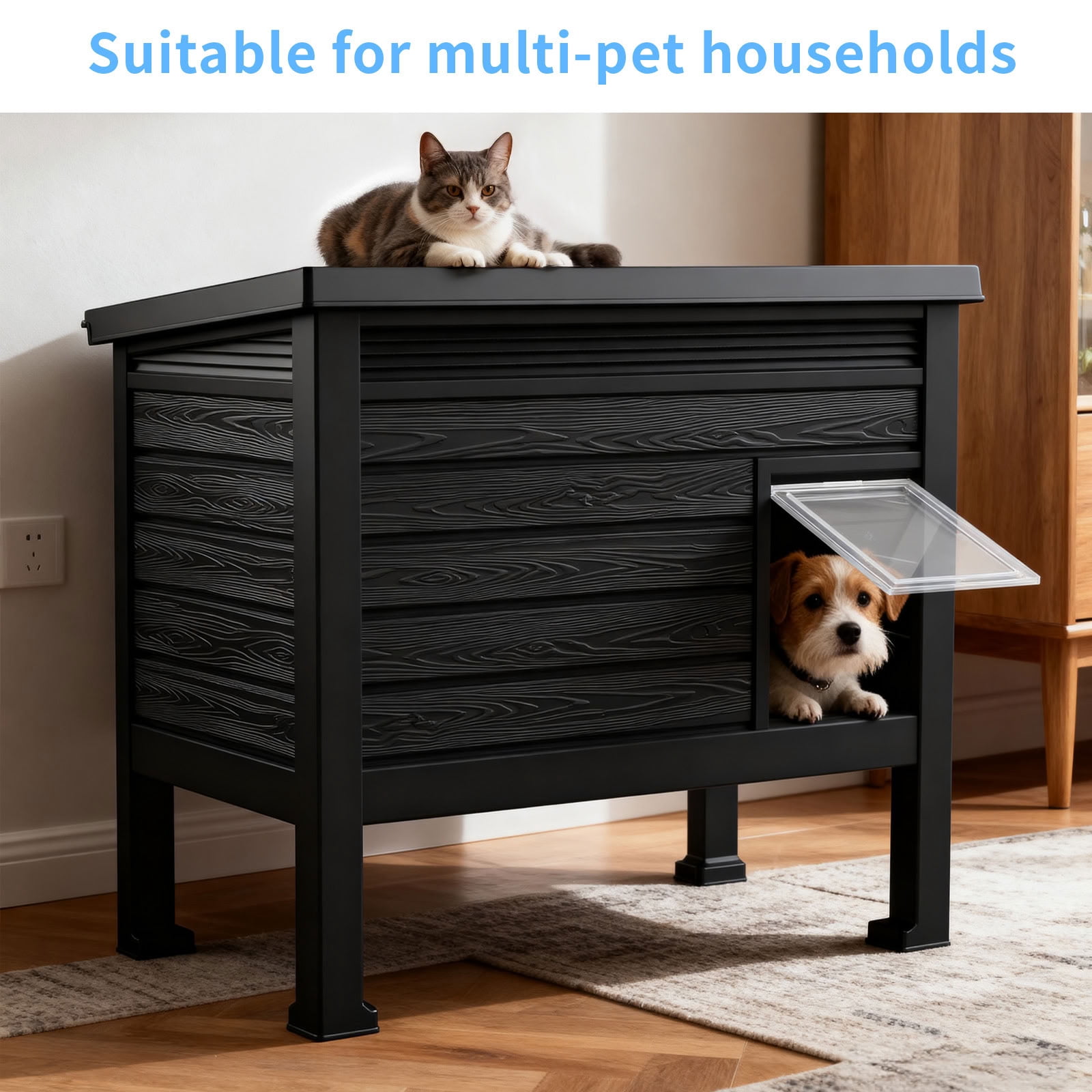 MAYEERTY Heated Indoor & Outdoor Cat House, Heavy-Duty Gas Spring Lid Pet Retreat with Removable Heating Pad