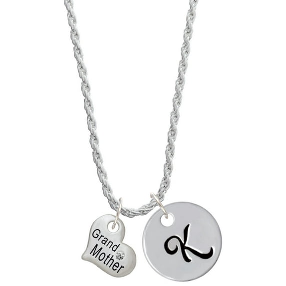 Delight Jewelry Silvertone Small ''Grandmother'' Heart with Clear Crystal Silvertone Script Initial Disc - K - Charm Necklace, 20"+3"