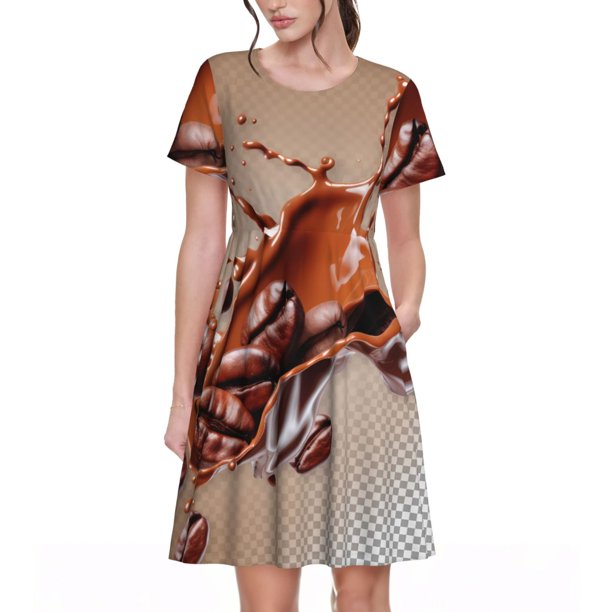 Fotbe Coffee Beans Chocolate Splash Vestido Largo de Moda para Mujer, Vestido Tipo Camiseta con Manga Corta y Estilo Casual a Rayas y Bloques de Color