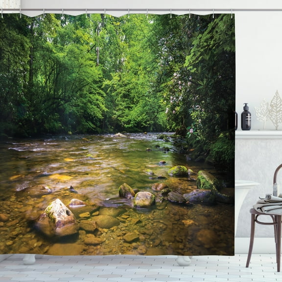 Ambesonne Appalachian Shower Curtain, Oconaluftee River Photo, 69"Wx84"L, Lime Green Charcoal Grey