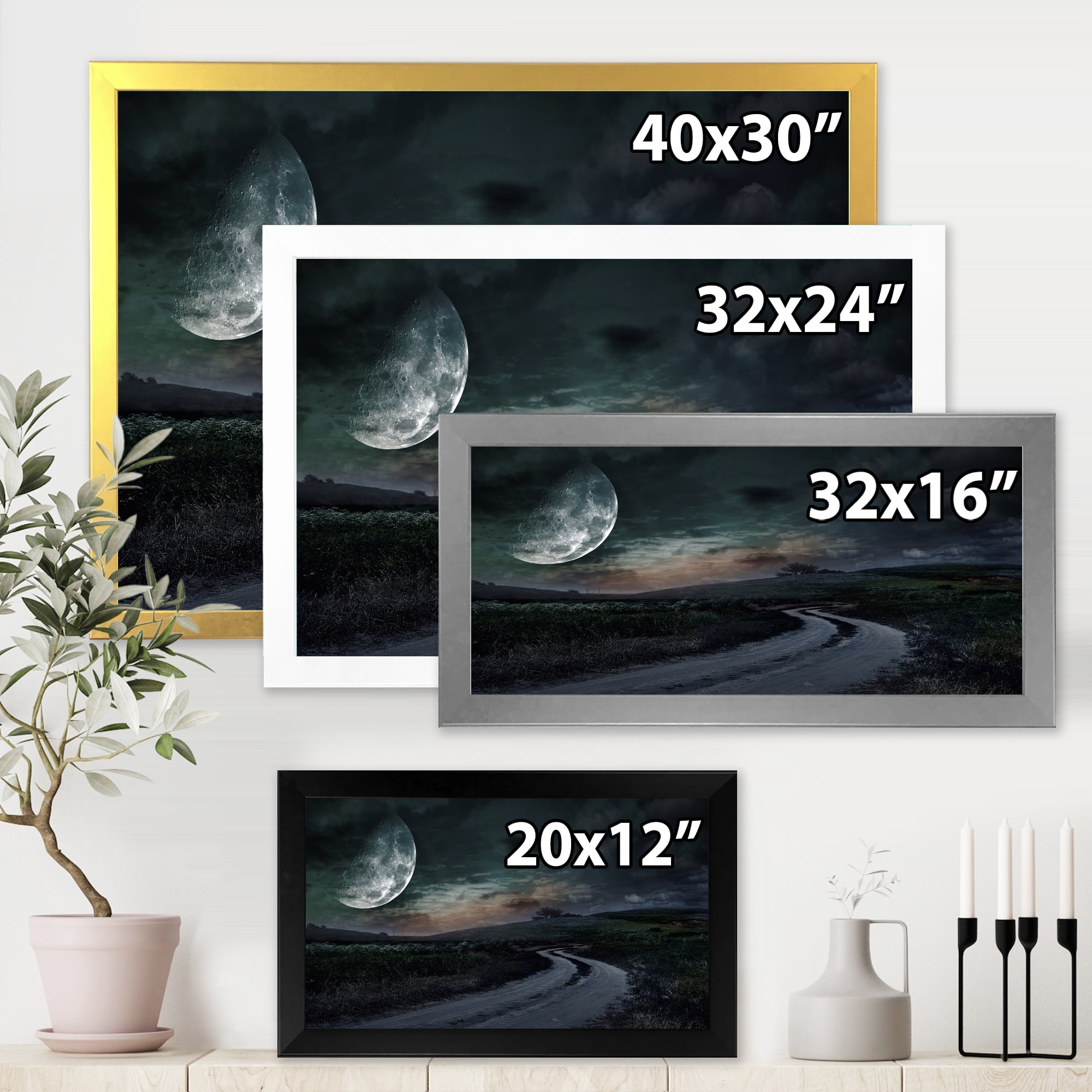 Designart 'The Meadow Under Full Moon With Rural Road Through ' Nautical & Coastal Framed Art Print
