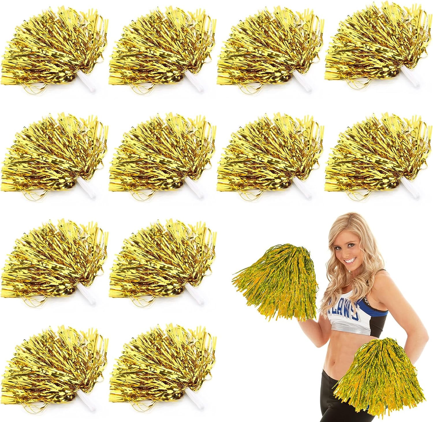 Pack of 12 Cheerleader Pompoms: Pom Poms Cheerleading with Handles Pom, Beautiful Pompoms Cheerleader Hand Flower Ribbons, Metallic Pompoms Cheerleading for Sports Competition Dancing Cheers Adults