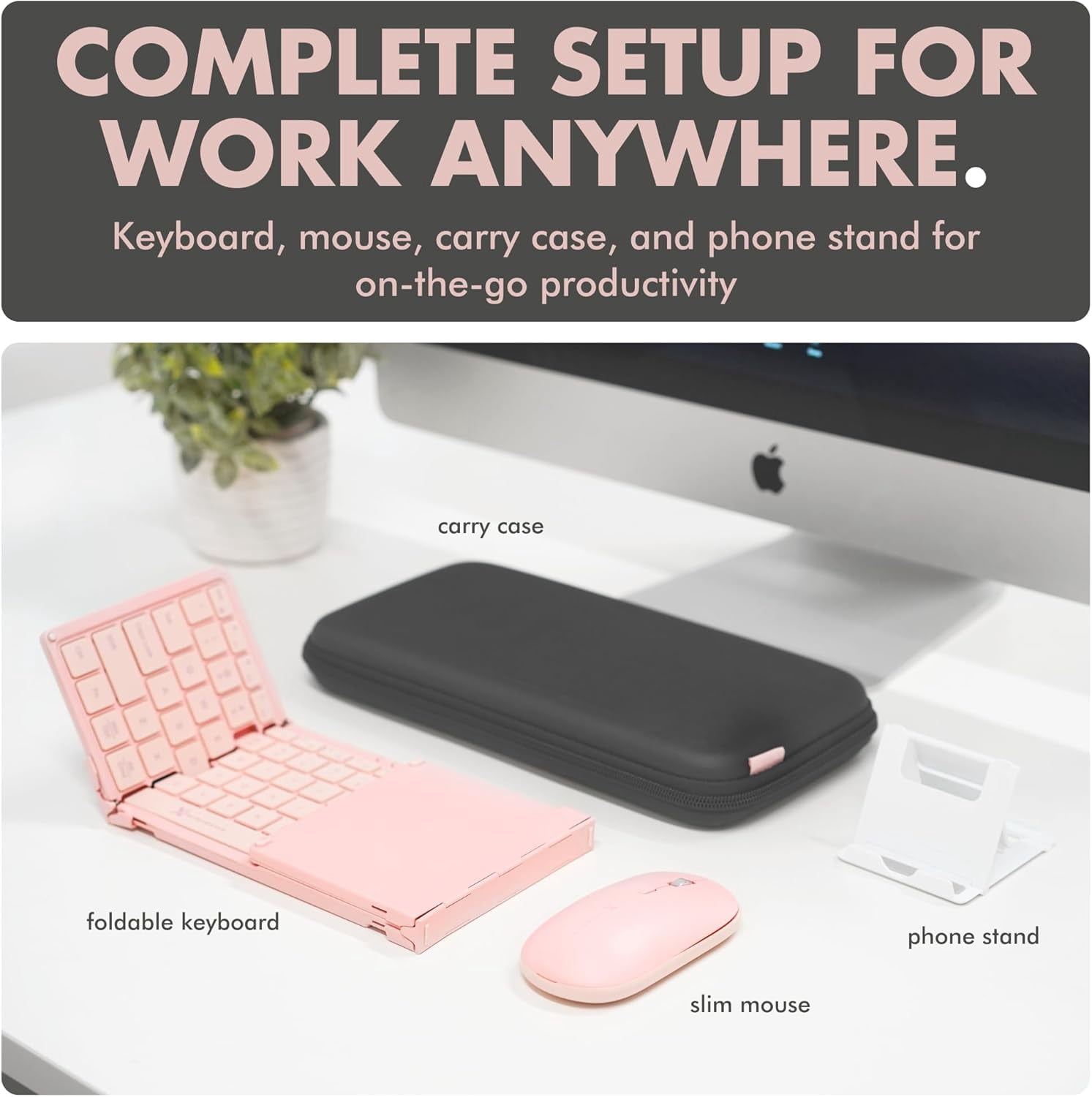 X9 Performance Foldable Keyboard and Mouse Wireless - (BT + 2.4Ghz) - Carrying Case, Phone Stand, Full Sized 106 Keys, Rechargeable - Portable Travel Bluetooth Keyboard and Mouse Set - Pink