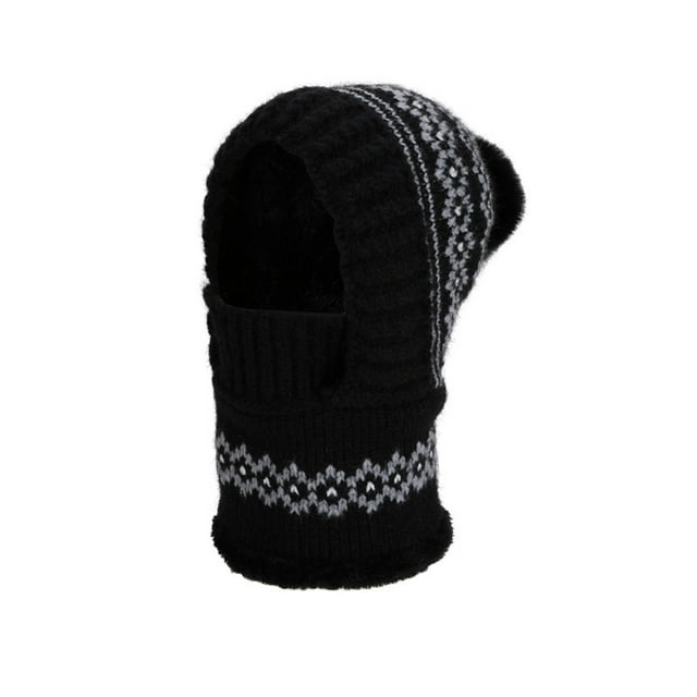 Black Ladies Winter Plus Velvet Cold Proof Knitted Wool Hat Scarf Mask Integrated Hat One Size 21.65-23.62 Inches Circumference 6.69 Inches Height