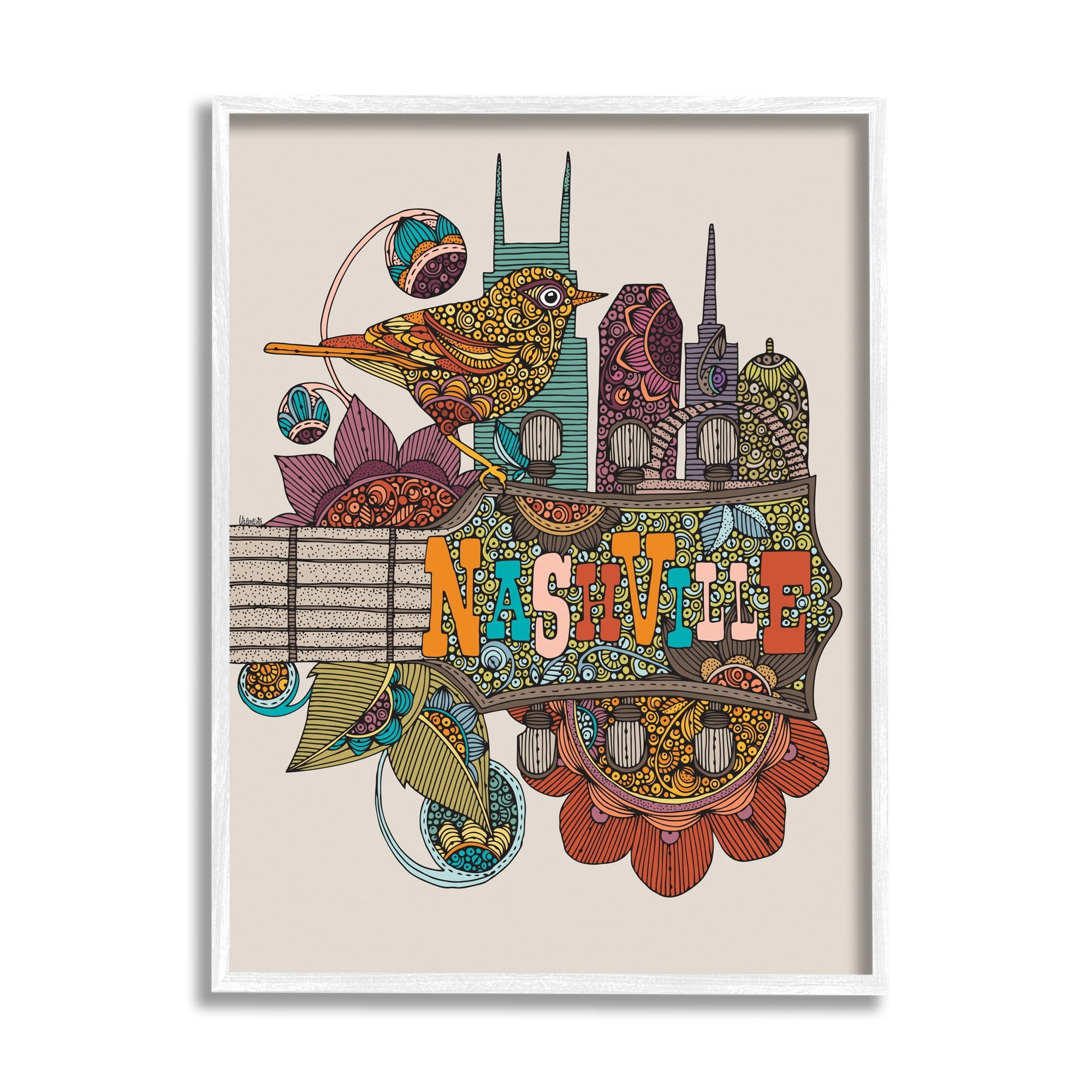 Stupell Industries Nashville Music City Bird Detailed Floral Patterns Graphic Art White Framed Art Print Wall Art, Design by Valentina Harper