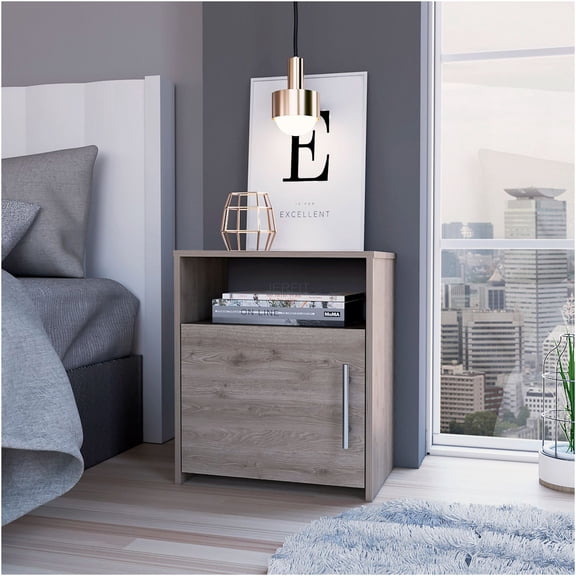 JERFIT Modern Nightstand with Drawer and Shelf, Bedside Table for Bedroom, Storage Cabinet with Metal Handle, Light Gray