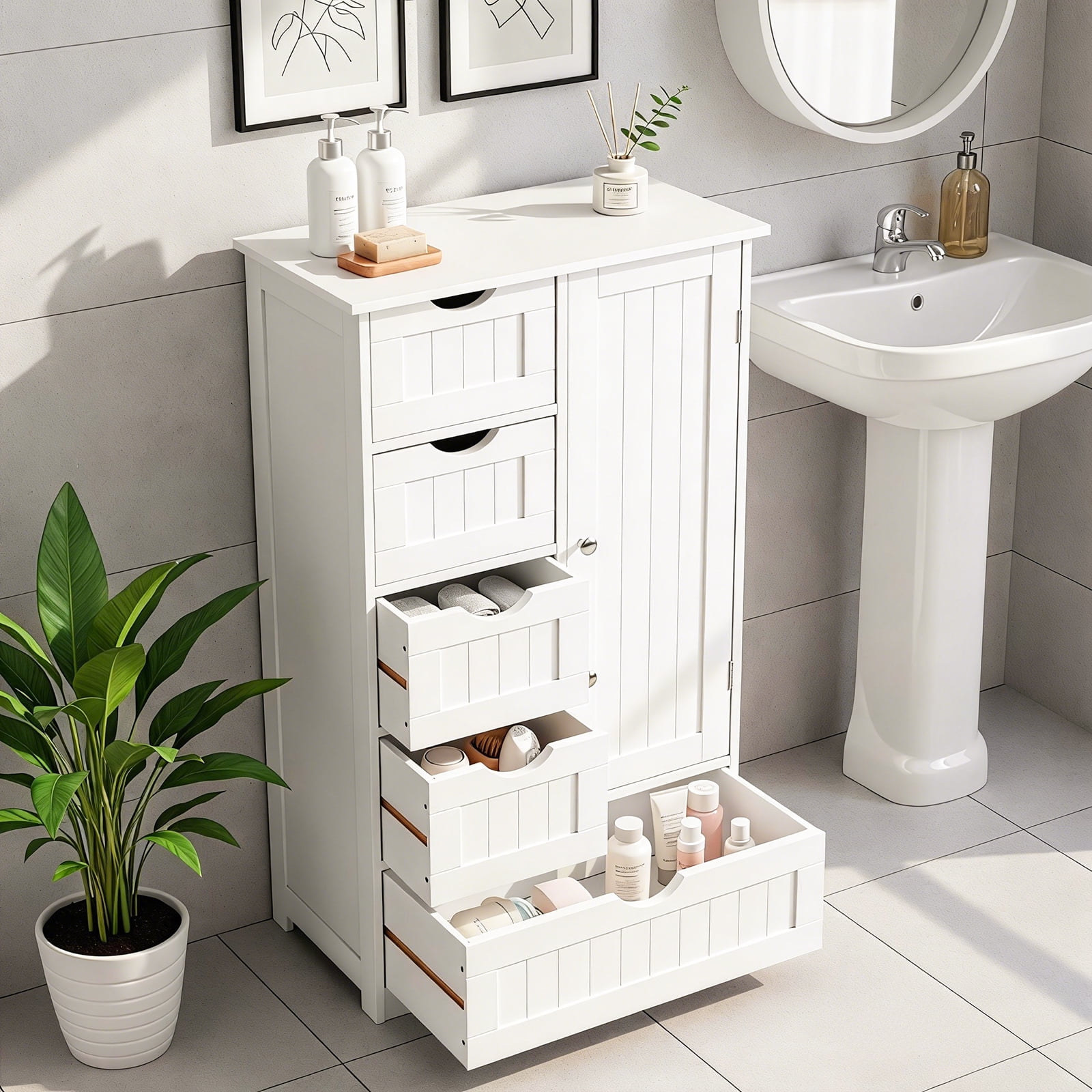 Ktaxon Wooden Bathroom Floor Cabinet, Side Storage Organizer with 5 Drawers, 1 Cupboard & 2-Shelves, White