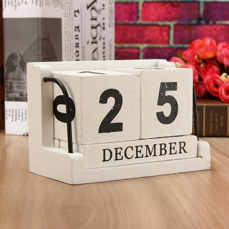 Perpetual Desk Calendar - Meigar Wooden Calendar Blocks Retro White Perpetual Calendar Manual Wood Block Small Desk Calendar Home Decoration Office Decor Christmas Gift