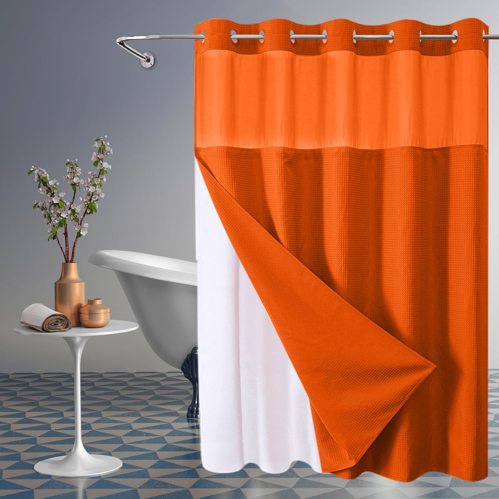 Waffle Weave Heavy Duty Shower Curtains, No Hook Shower Curtain with Snap in Fabric Liner, Hotel Style Waterproof Bathroom Curtain Set, 72 x 66 Inch