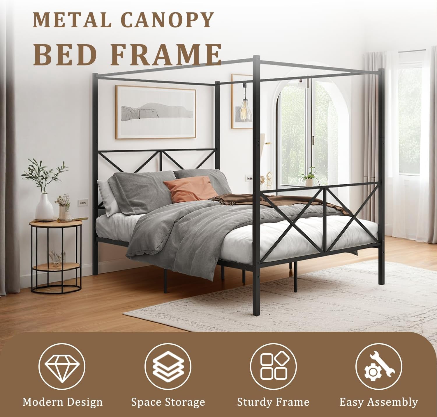 Leumius Queen Metal Canopy Bed Frame,Platform Bed Frame Queen with X Shaped Frame,Black
