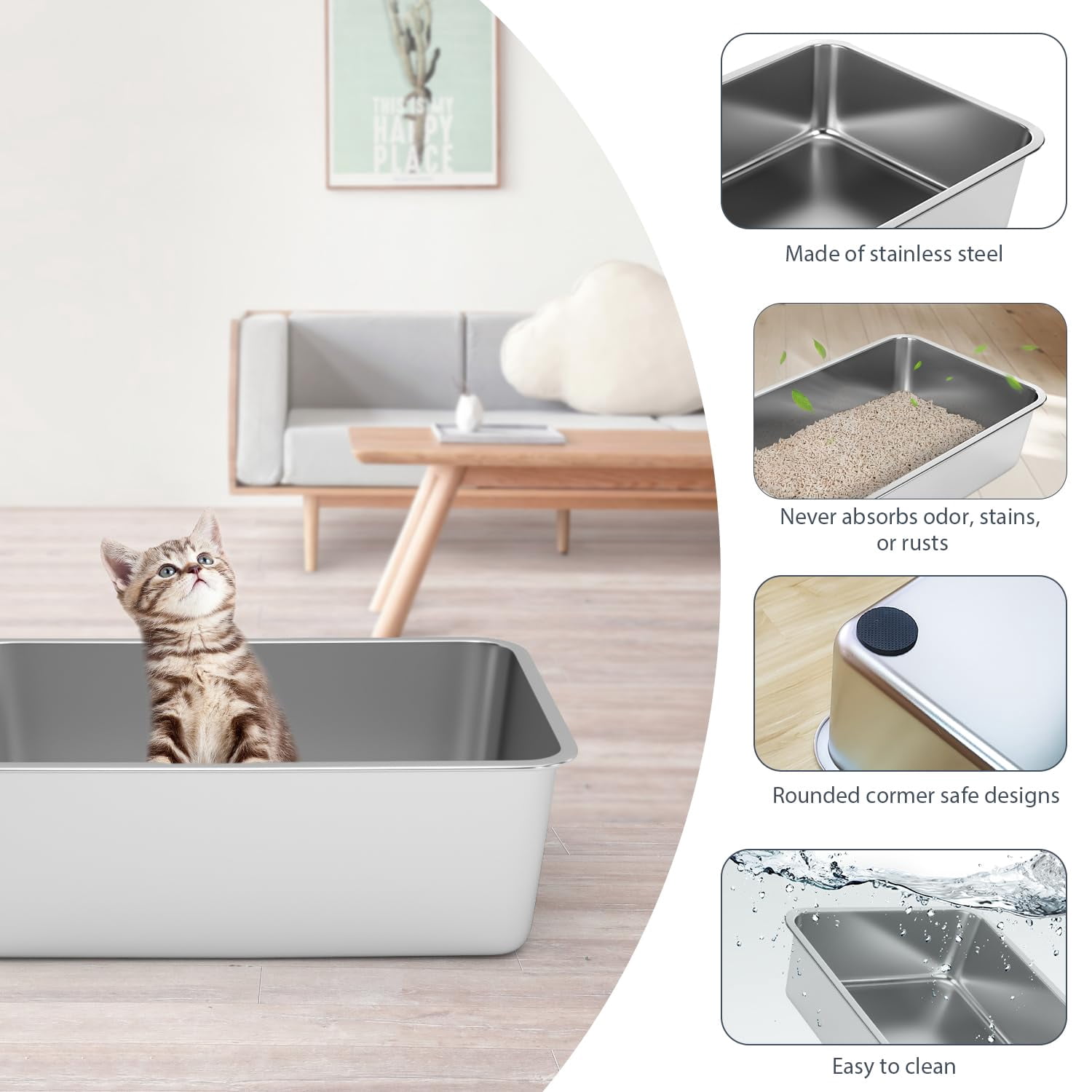 Stainless Steel Litter Box - Cat Easy To Clean  Never Absorbs Odor Stains Or Rusts (17.7" L X 13.5" W 6" H)