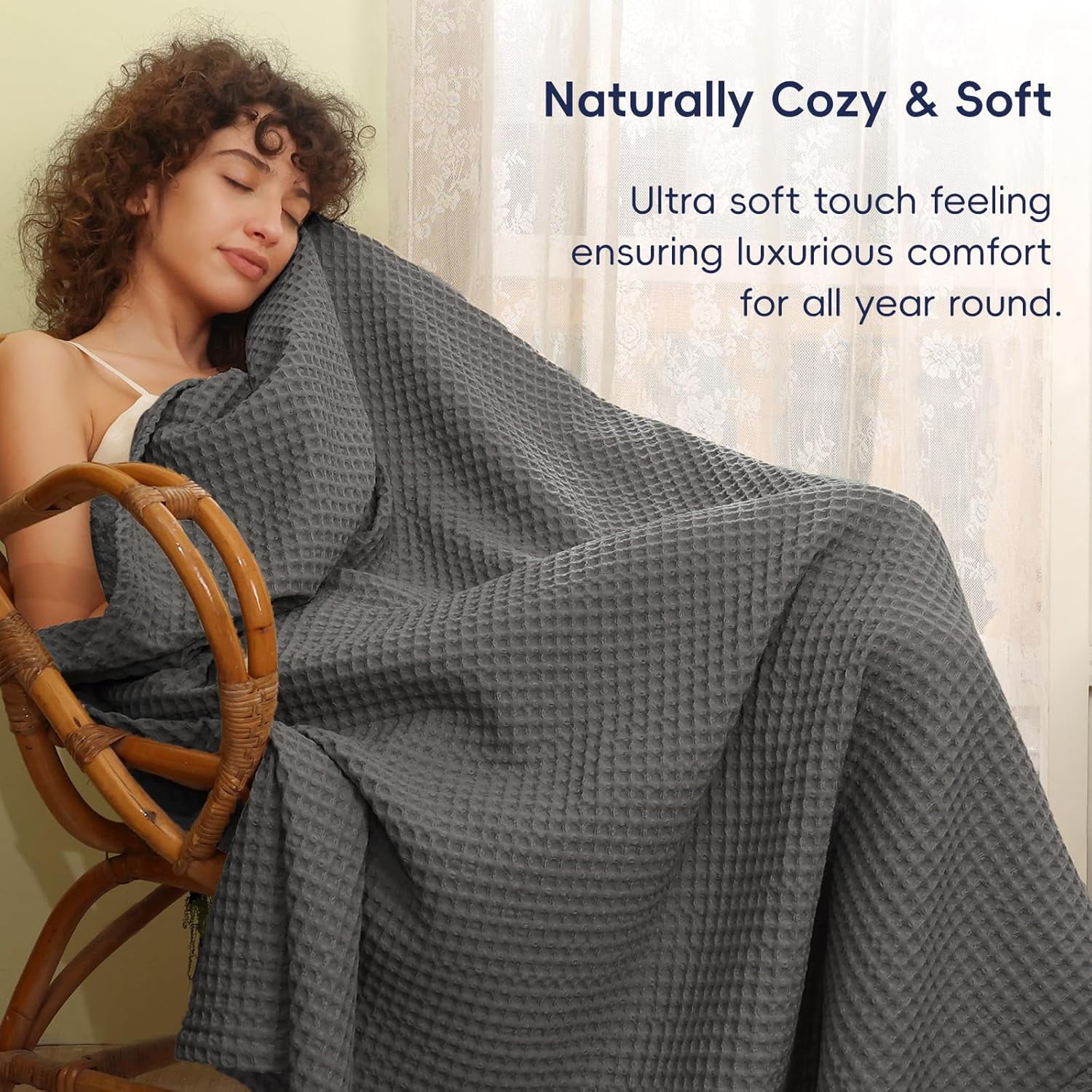 PHF Ultra Soft Waffle Weave Blanket Twin Size, Washed Lightweight Summer Breathable Blankets for Hot Sleeper, Grey, 66x90 inches