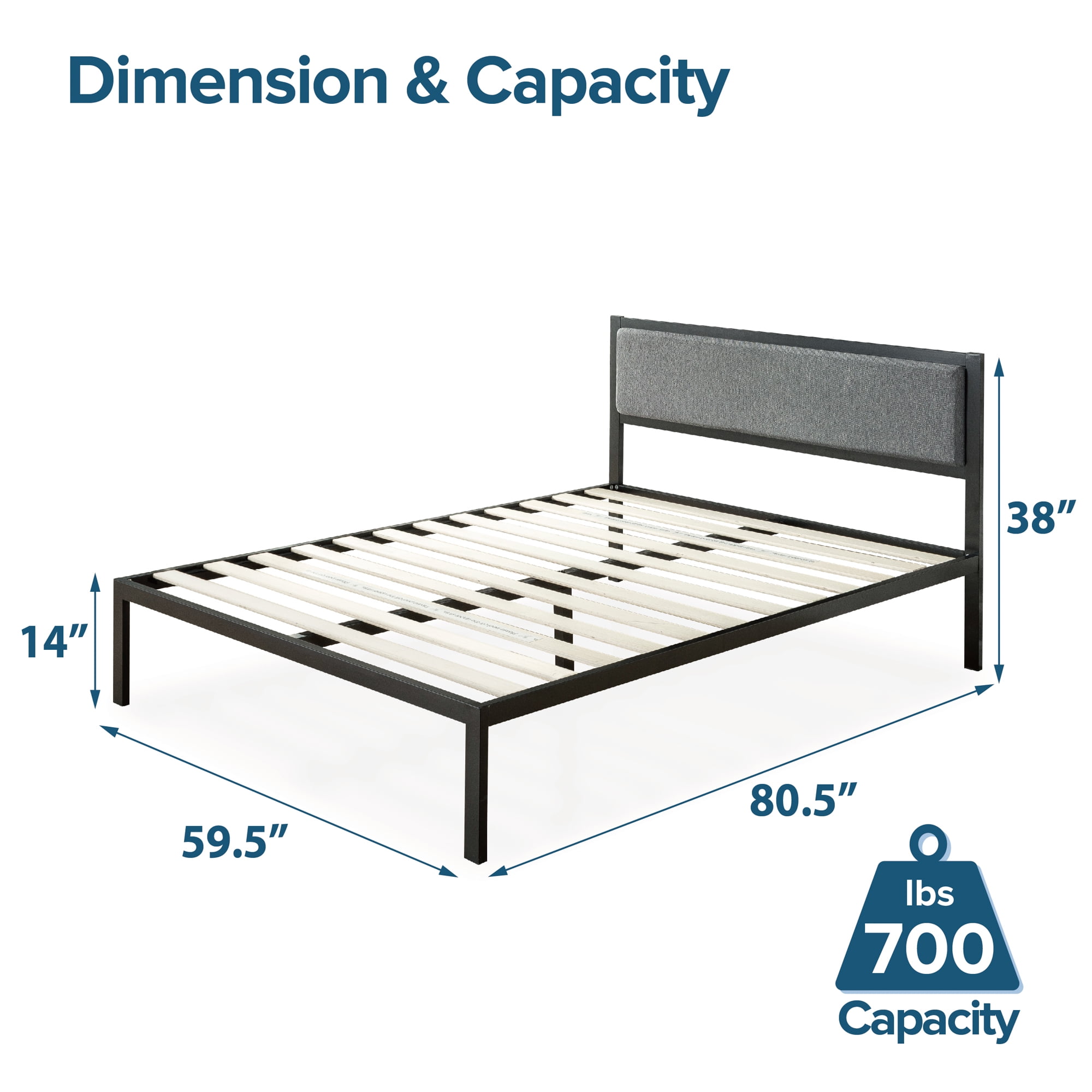 Zinus Korey 38" Metal Platform Bed with Upholstered Headboard, Queen