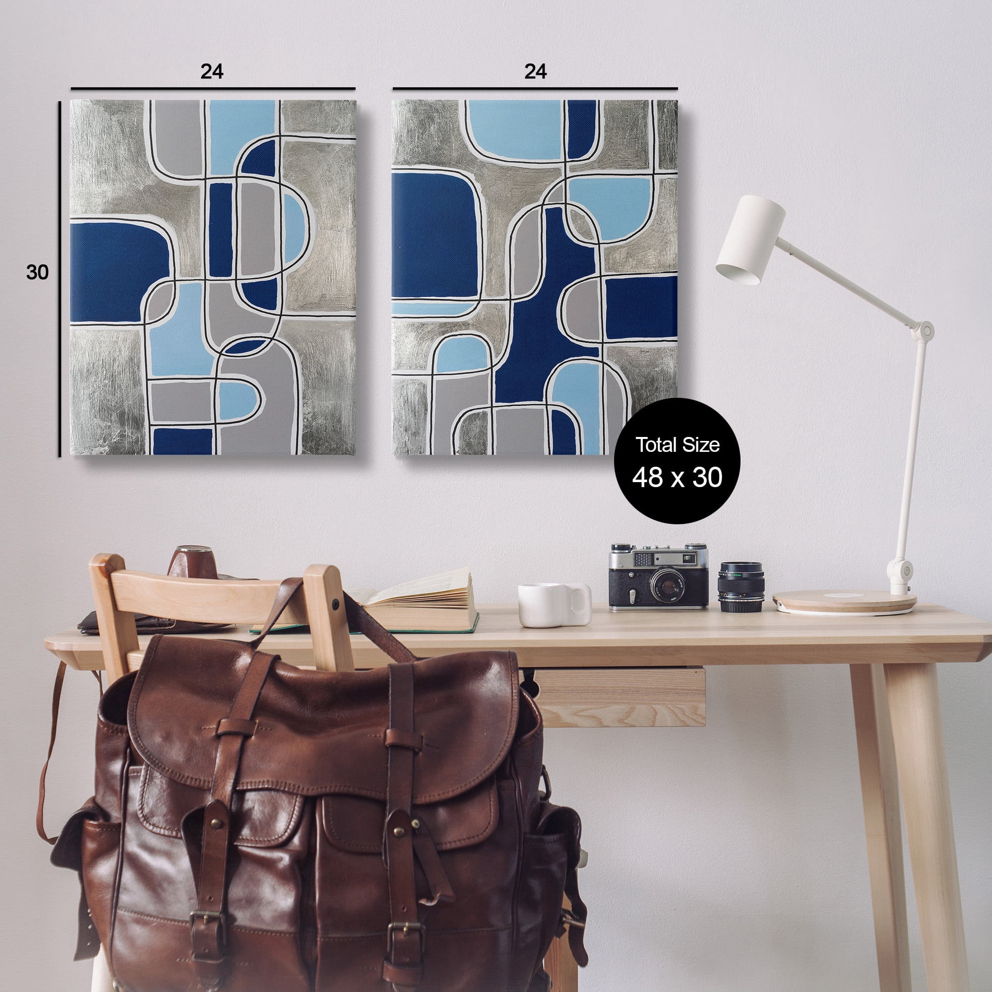 Stupell Industries Blue & Grey Geometrics Abstract Painting Gallery Wrapped Canvas Art Print Wall Art, 24 x 30, Set of 2