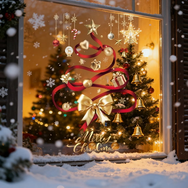 Uklsqma Autocollants de Fenêtre de Noël / Décalcomanies Réutilisables Imperméables pour les Fêtes en Or Rouge Violet / Application Facile Sans Résidu / Film Décoratif en Plastique Durable pour Fenêtres de Maison Bureau Fête