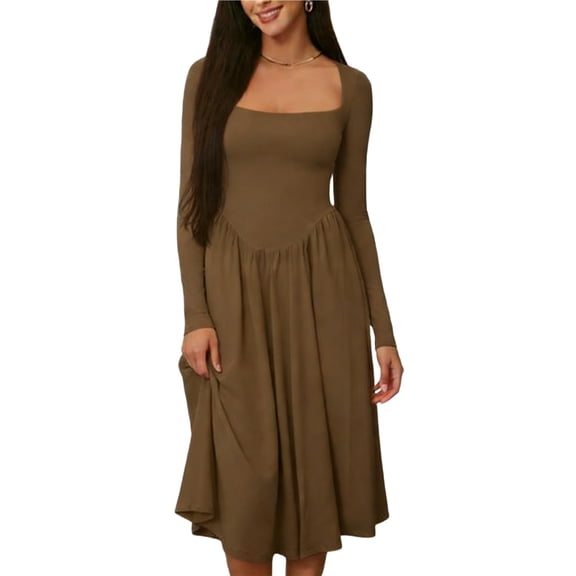 Womens Spring Dress 2026 - Square Neck Long Sleeve Casual A-Line Flowy Elegant Wedding Guest Party Midi Dress