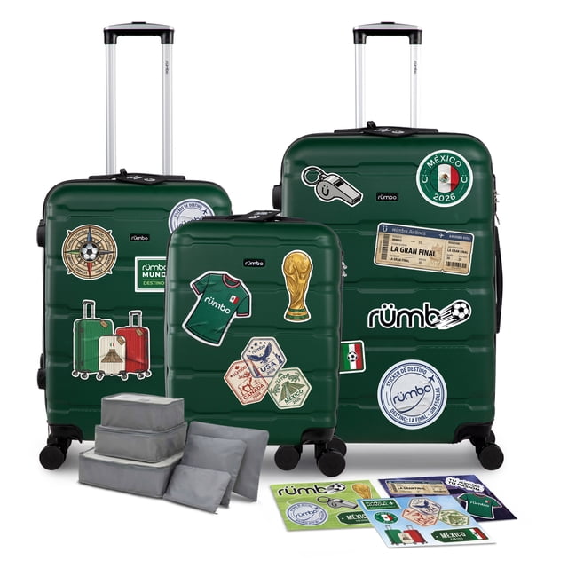 Set de Maletas Rígidas de Viaje de 20, 24 y 28 Pulgadas con Candado y Ruedas 360°, Incluye Stickers Mundialistas