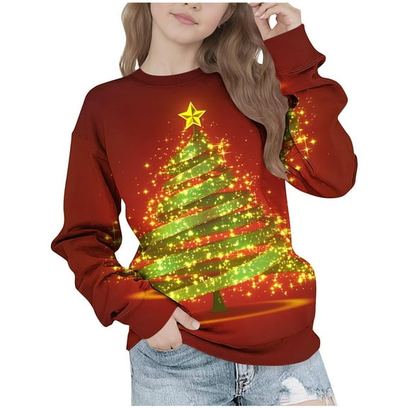 Lorytime Kids Sweatshirt for Winter Boys Girl Christmas Tree Star Shirt Crew Neck Long Sleeve Pullover Festive Tops Green