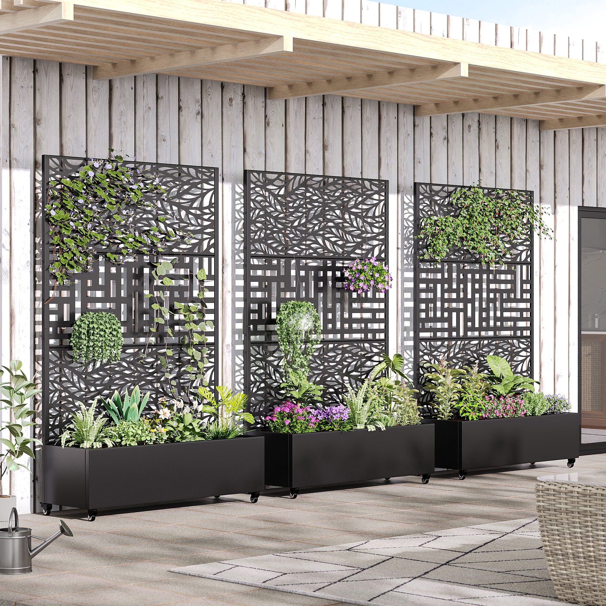 MAYEERTY 3-Set 47*16" Outdoor Black Metal Planter Box with Trellis for Climbing Plants,Leafy & Street Pattern