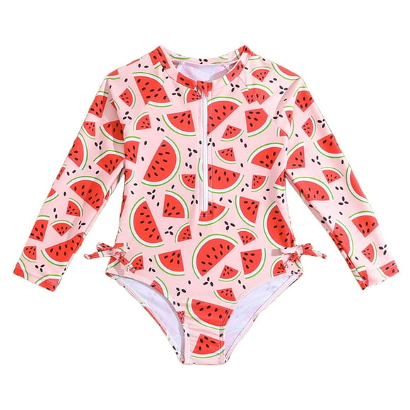 OJinShaWanO Maillot de Bain Filles Shorts Été Tout-Petits Filles Manches Longues Imprimés Melon D\'eau 1 Pce Maillot de Bain Fermeture Éclair Plage Maillot de Bain Bikini 4-5 Ans