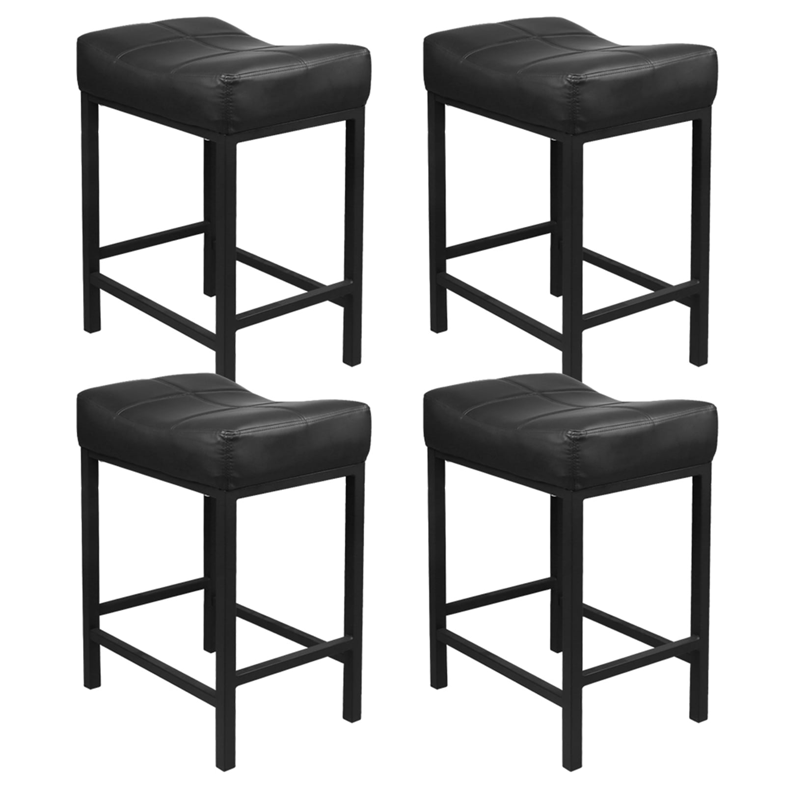 MEILLEUREVIE Bar Stools Set of 4, Modern PU Leather Saddle Seat 24", Ergonomic Black Bar Chairs