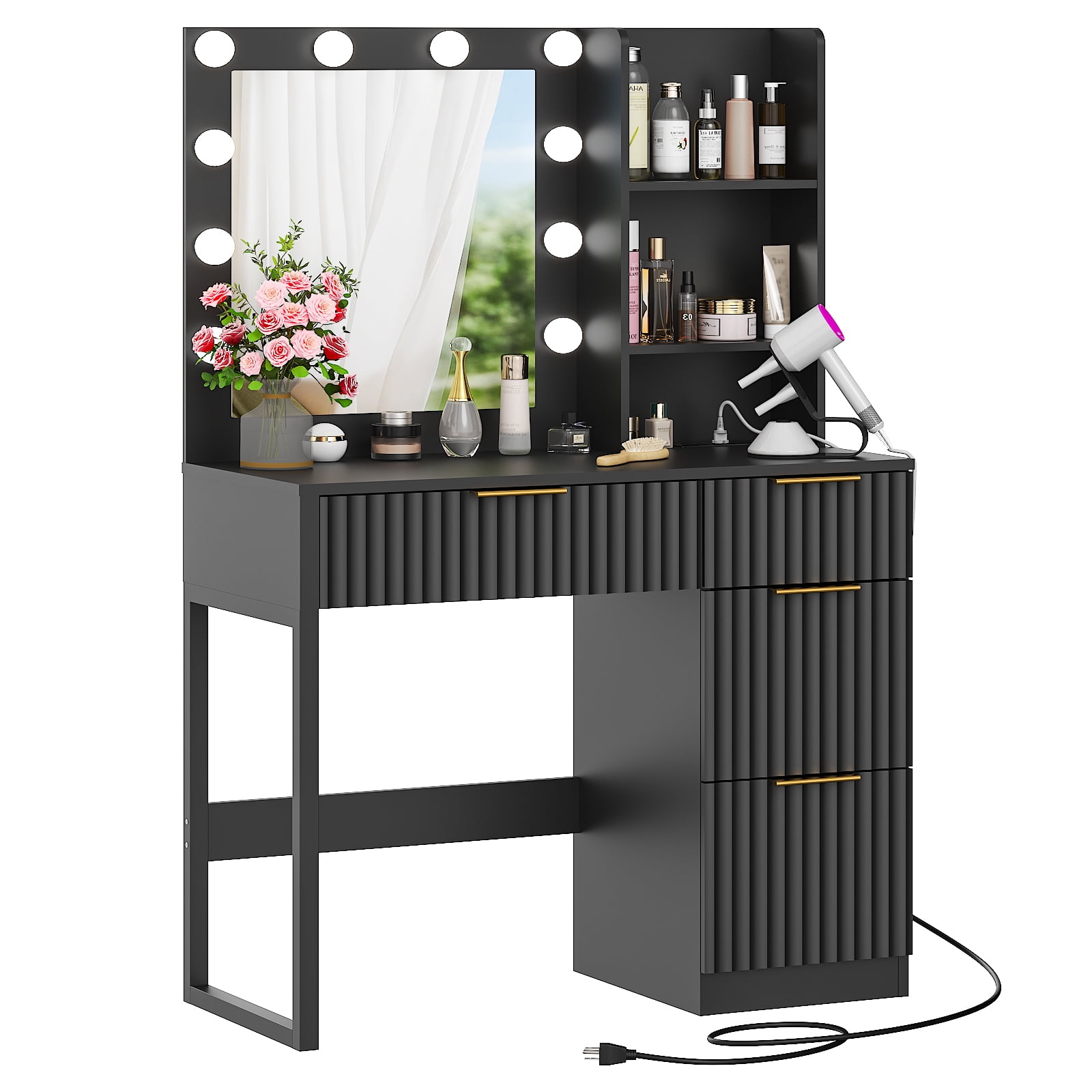 Ktaxon Lighted Makeup Vanity Table, White Dressing Desk with Charging Station, Black