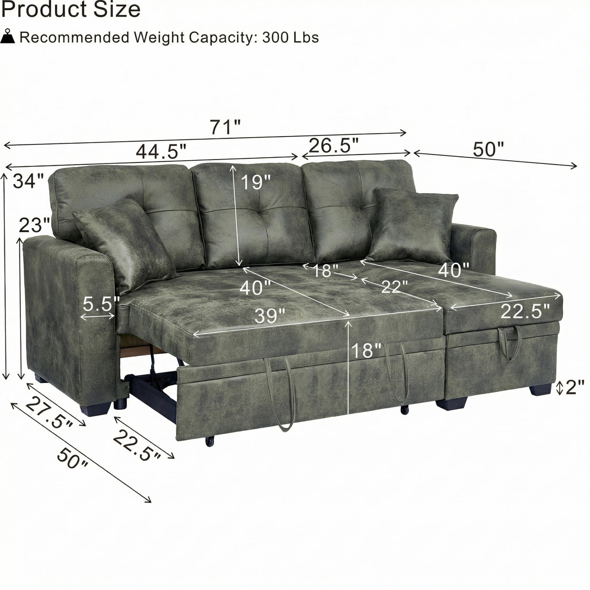 Pull-Out Convertible PU Leather Sectional Sofa Set with Reversible Chaise Lounge, Sleeper Loveseat Couch with Hidden Storage