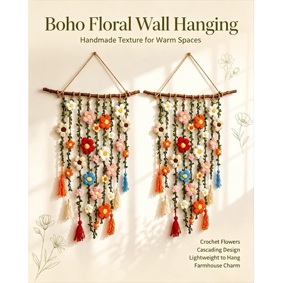 Crochet Flower Wall Hanging Handmade Boho Macrame Wall Decor Tapestry Art for Living Room Bedroom Home