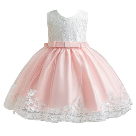 

OJinShaWanO Floral Dress Short Sleeve Casual Child Girls Tulle Pageant Dress Party Bow Knot Lace Sleeveless Gown Dresses Pink Cotton Blend 3-4 Years