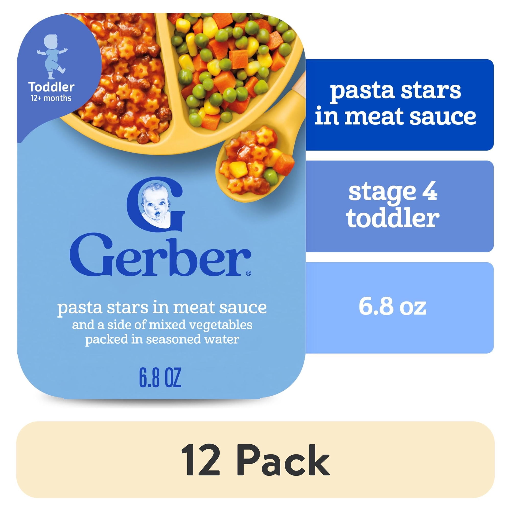 (12 pack) Gerber Mealtime for Toddler, Pasta Stars in Meat Sauce and a side of Mixed Vegetables, Toddler Food, 6.8 oz Tray