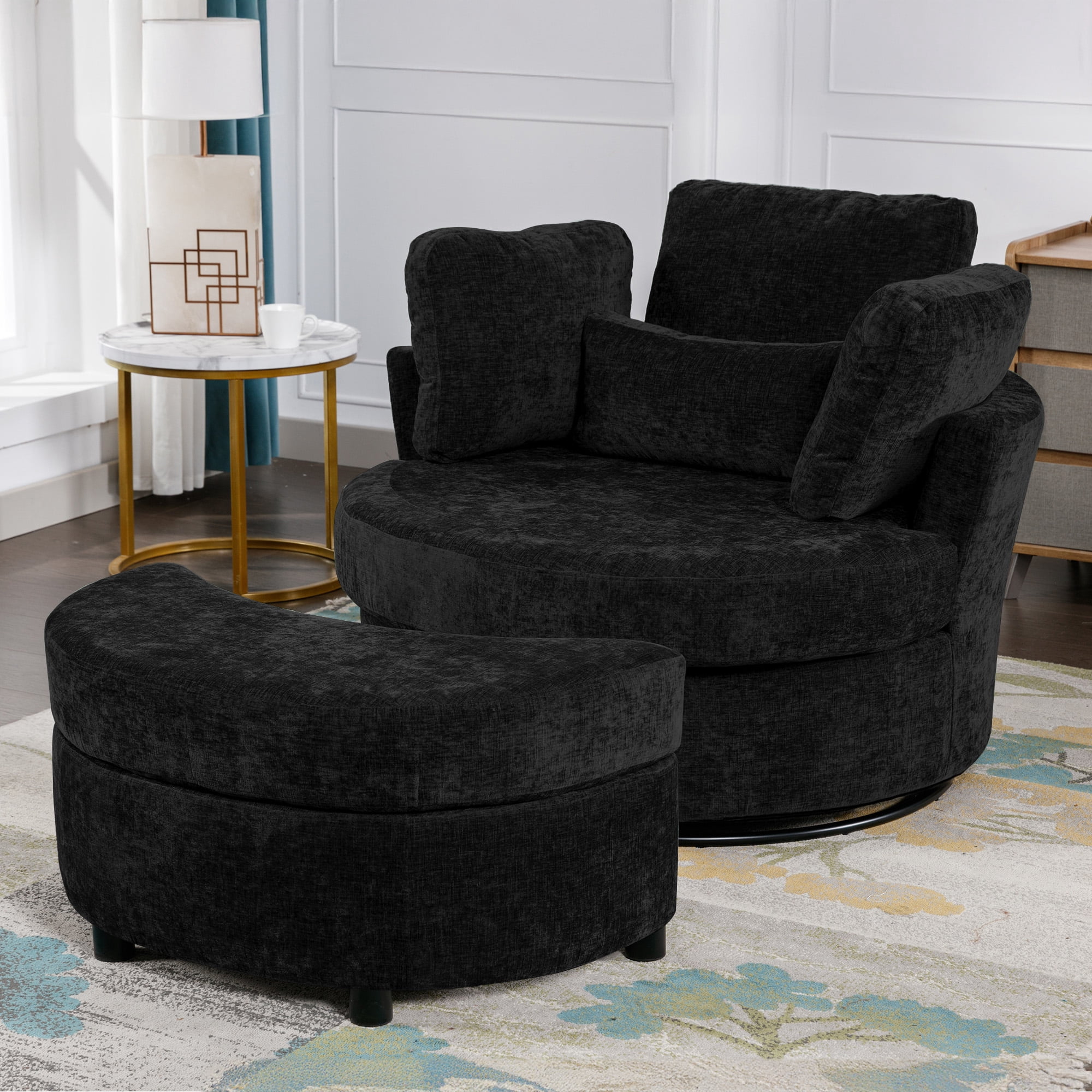 Lunale Oversized Swivel Accent Barrel Chair with Storage Ottoman, Black Chenille