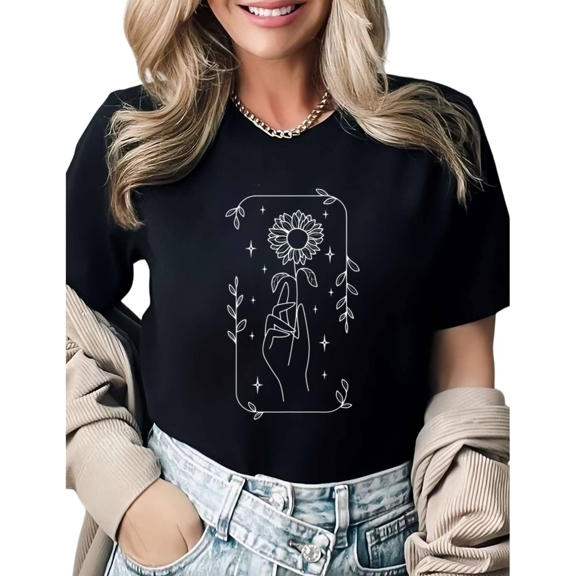 Tarot Card Inspired Sunflower Graphic Tees Womans T shirt Black S-5XL Shirts Mystical Nature Tops