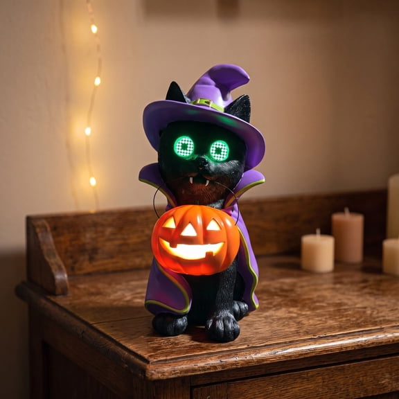 Halloween Frankenstein Cat LED Light, 7.87 Inch Resin Glowing Dog Figurine with Pumpkin, Indoor Outdoor Decor for Porch Mantel Party Home