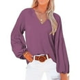 thumbnail image 2 of XFLWAM Women's Puff Long Sleeve T Shirt Dressy Casual Ruffle V Neck Tops Blouse Purple L, 2 of 7