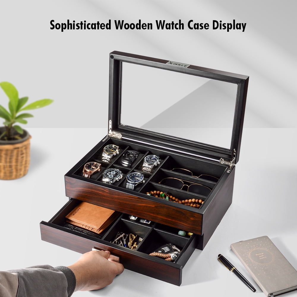 Ikkle Watch Box Organizer for Men and Women, Luxury Wooden Watch Jewelry Box  with Valet Drawer 