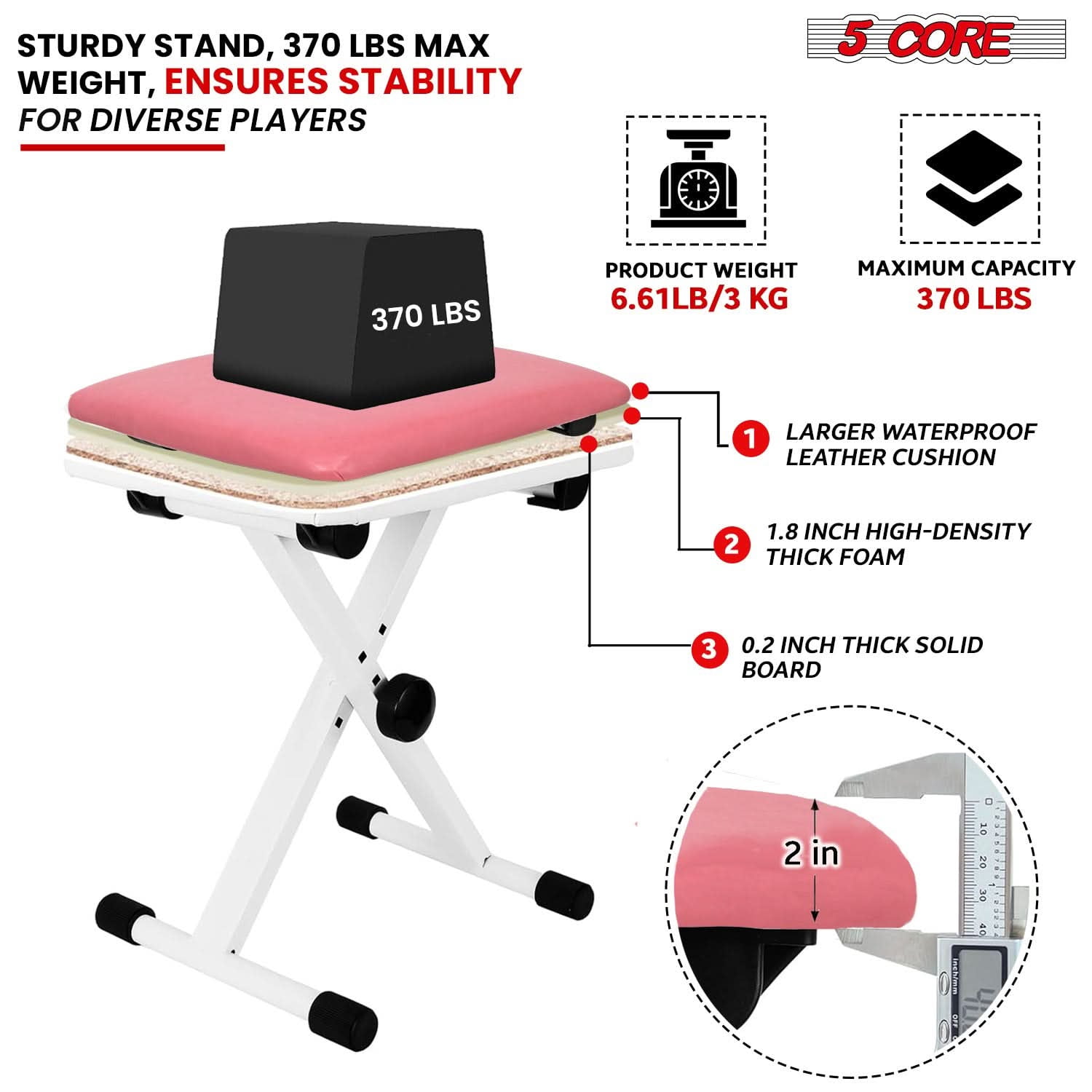 5 Core Keyboard Bench 2 Inch Padded Cushioned Piano Stool Height Adjustable 19" Guitar Seat Portable