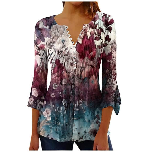 3/4 Sleeve Tops for Women Fashion Printed Casual V-Neck 3/4 Sleeve T-Shirt Blouse Tops T Shirt Dress Women Summer T Shirts for Women Summer Dress with Sleeves for Women