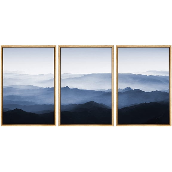 wall26 Framed Wall Art Print Set Blue Misty Mountain Landscape Nature Wilderness Photography Modern Art Rustic Scenic Relax/Calm for Living Room, Bedroom, Office - 24"x36"x3 Natural
