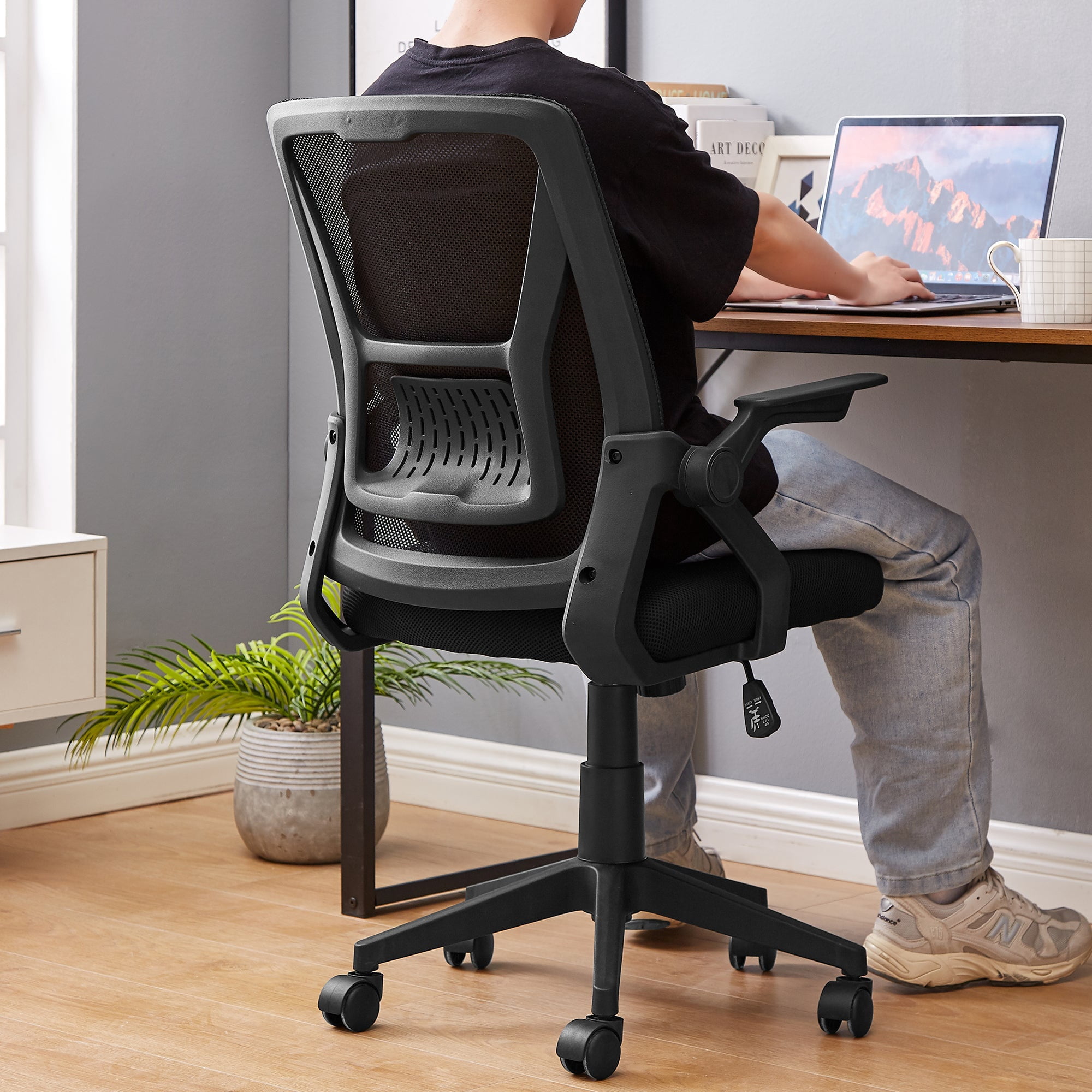 Javlergo Office Chair, Ergonomic Desk Chair Breathable Mesh Chair with Adjustable High Back Lumbar Support Flip-up Armrests, Executive Rolling Swivel Comfy Task Computer Chair, Black