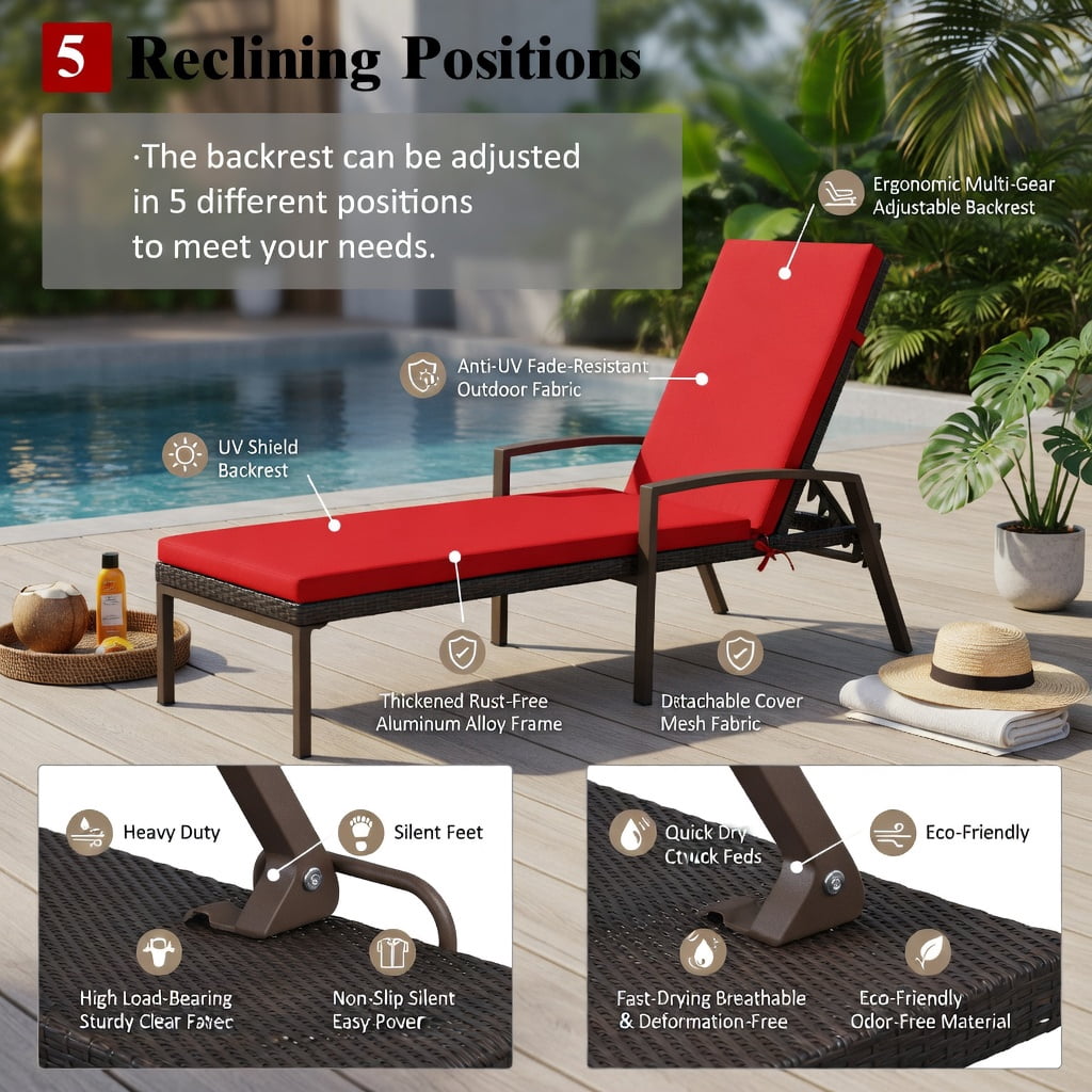 Hommoo Outdoor Rattan Chaise Lounge Chair with 5-Position Adjustable Backrest, Cushioned Patio Recliner, Weather-Resistant Steel Frame, Red