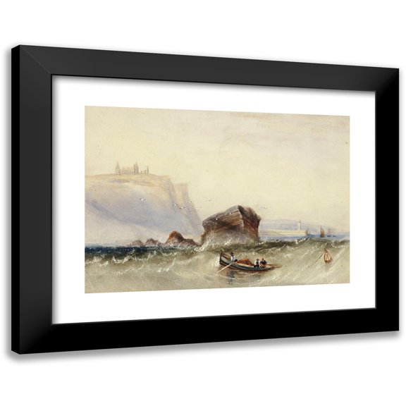 Circle of Henry Barlow Carter 14x11 Black Modern Framed Museum Art Print Titled - Three Men in Rowboat off Rocky Coast