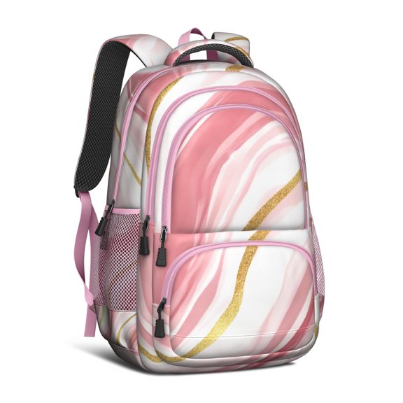 Pink and Gold Marble Texture Backpack for School,Cute School Bag,Schoolbag with Adjustable Shoulder Straps & Padded Back,16.9 Inch