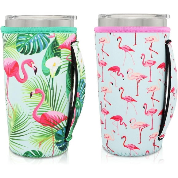 SHILIU-Neoprene Insulated Sleeves Cup Holder with Handle for 20oz Tumbler Cups, Reusable Iced Coffee Sleeve Compatible with Starbucks Trenta, Dunkin Large, more(Tropical Flamingo(2 Pack))