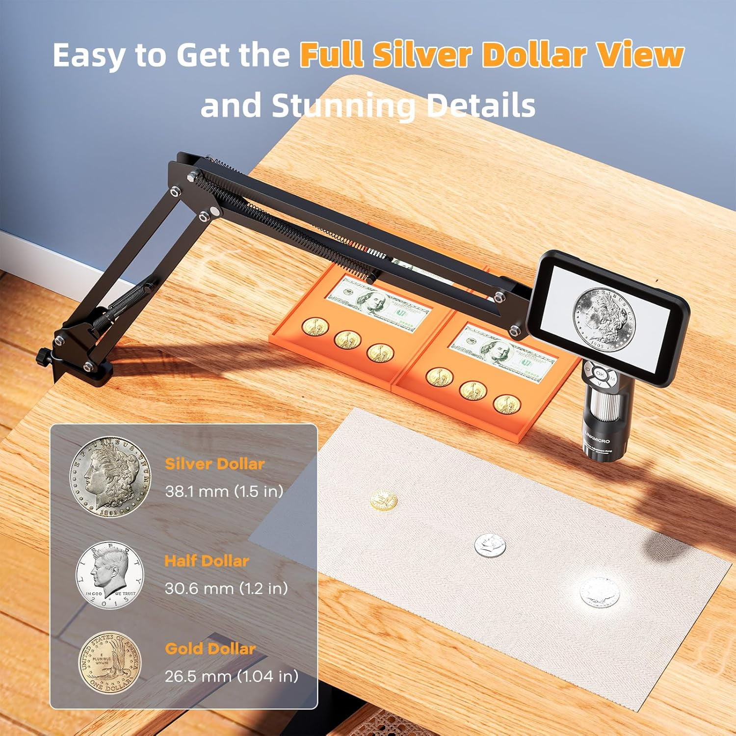 LM115A Digital Microscope Handheld with Flex Arm Stand, 5 Inch Soldering Camera for Adults, Portable Coin Magnifier Full View Coins with 8 LED, PC View, 1080P Video