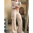thumbnail image 5 of Women'S 2 Piece Casual Outfits Cropped Blazer Jackets High Waisted Wide Leg Work Pants Suit Set Khaki L, 5 of 6
