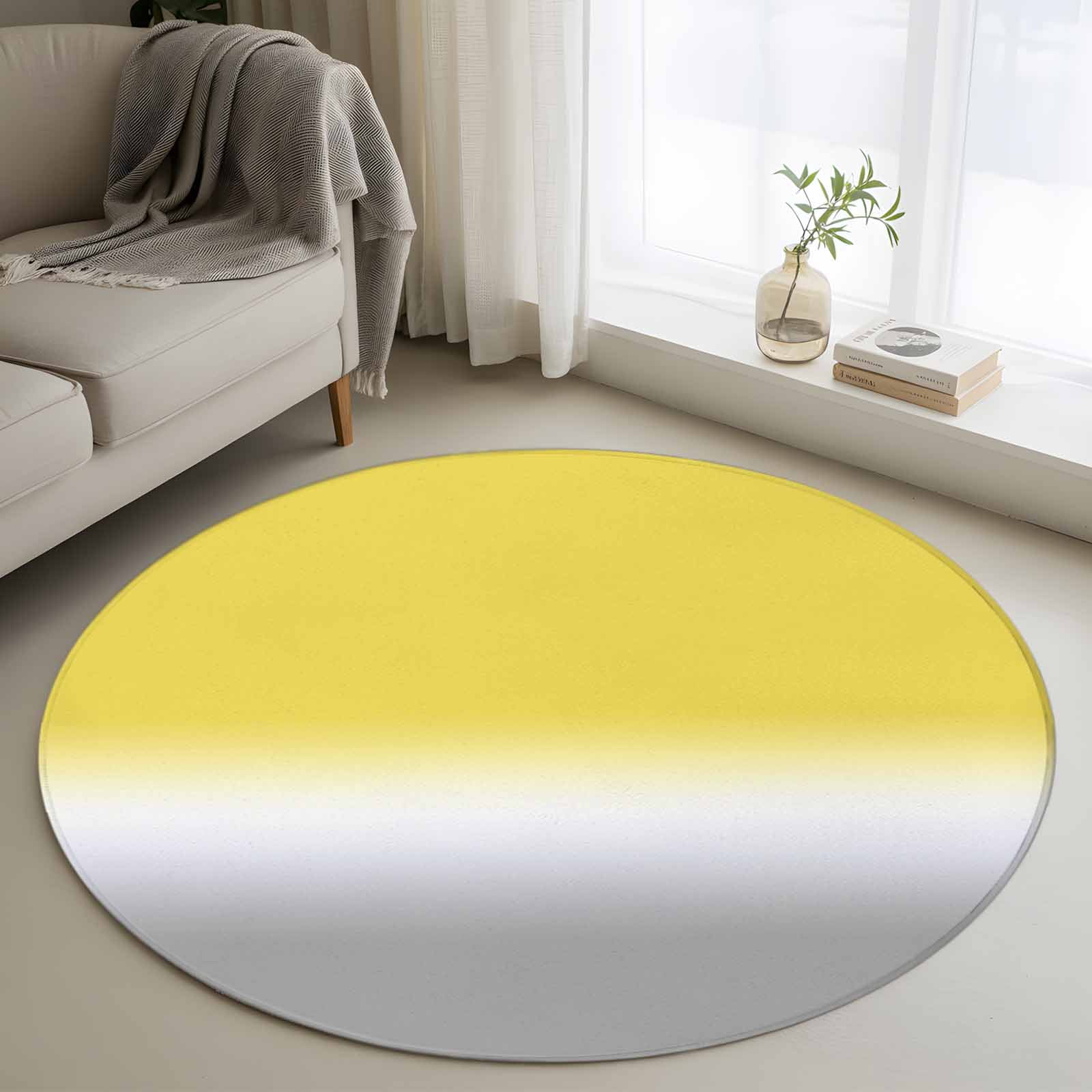 Yellow White Grey Ombre Round Area Rug 4 FT, Non Slip Indoor Outdoor Rug, Modern Abstract Aesthetics Washable Soft Circular Carpet Non-Shedding Floor Mat for Coffee Table Nursery Foyer Balcony