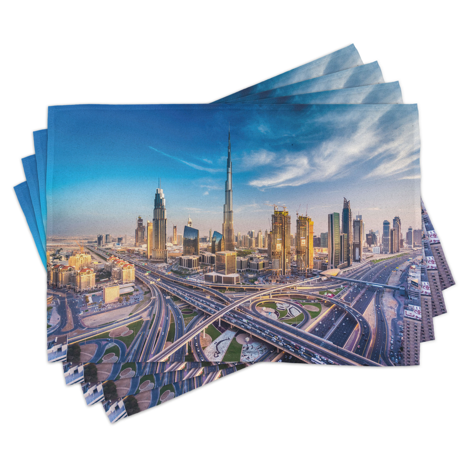 City Placemats Set of 4 Panoramic View of Dubai Arabian Cityscape High