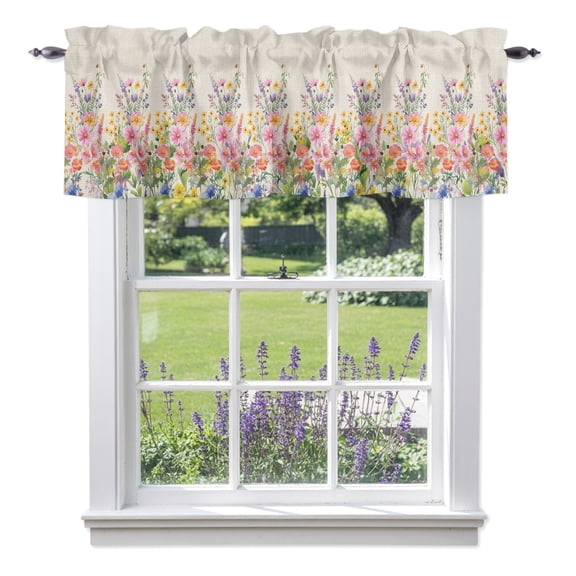 Spring Florals Valances for Windows, Country Colorful Wildflowers Field Retro Linen Valance Window Treatment Rod Pocket Short Curtains Valances for Kitchen Bathroom 42"W x 12"L